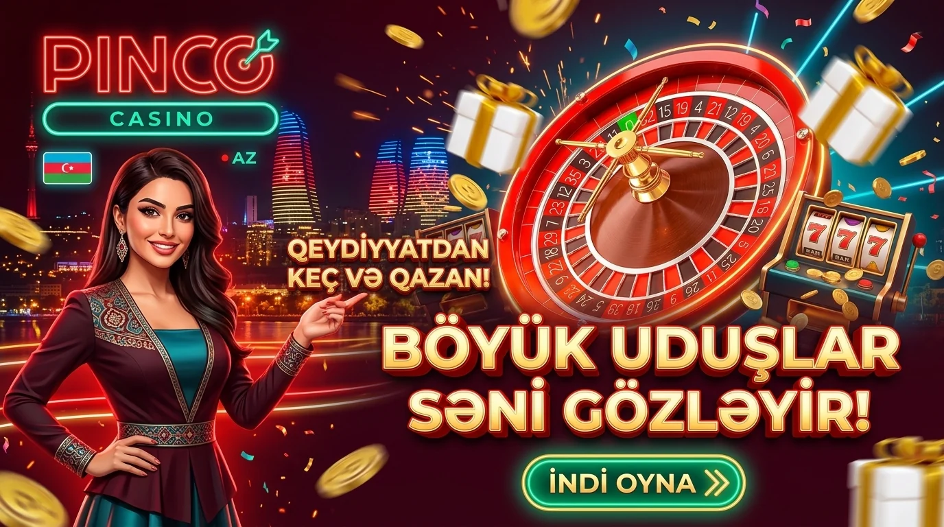 Pinco AZ reklam təsviri: neon rulet, hədiyyələr və Bakı panoraması
