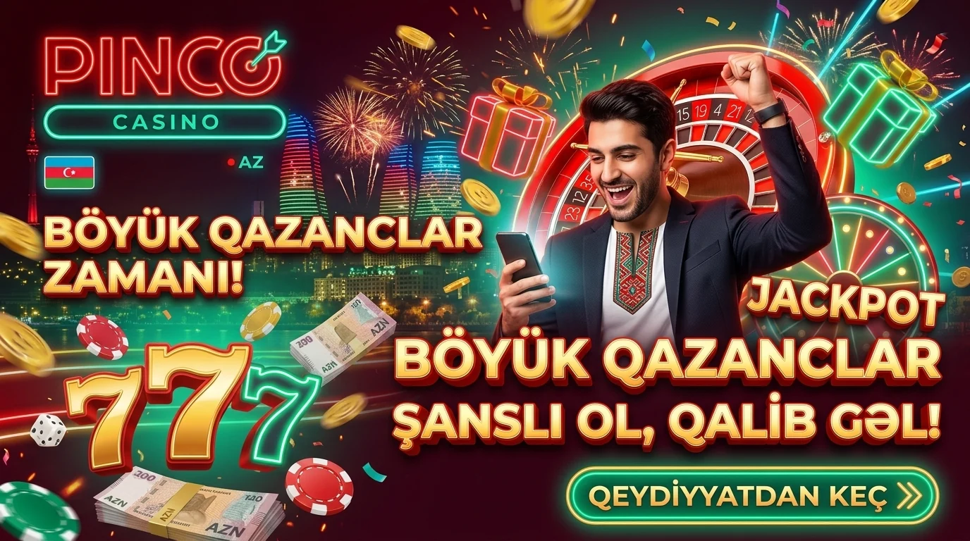 Pinco AZ oyun mövzulu təsvir: telefona baxan iştirakçı, rulet və oyun simvolları